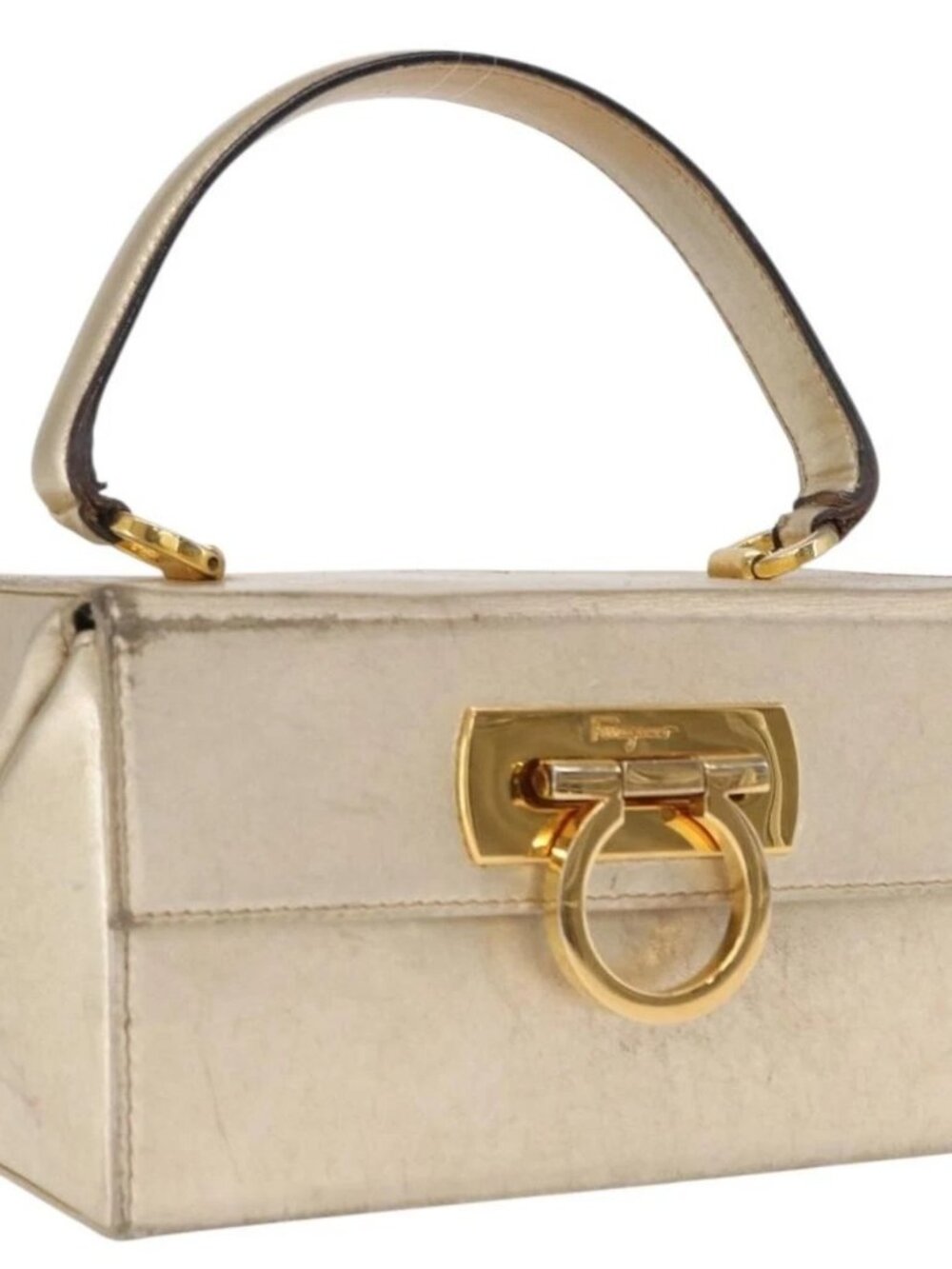 Salvatore Ferragamo Gancini Hand Bag Leather Gold Auth BA10111 - Picture 2 of 13
